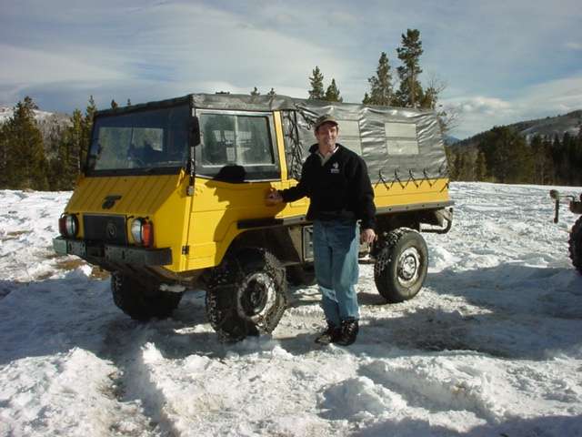 Brett's yellow Rhino-lined Pinzgauer.