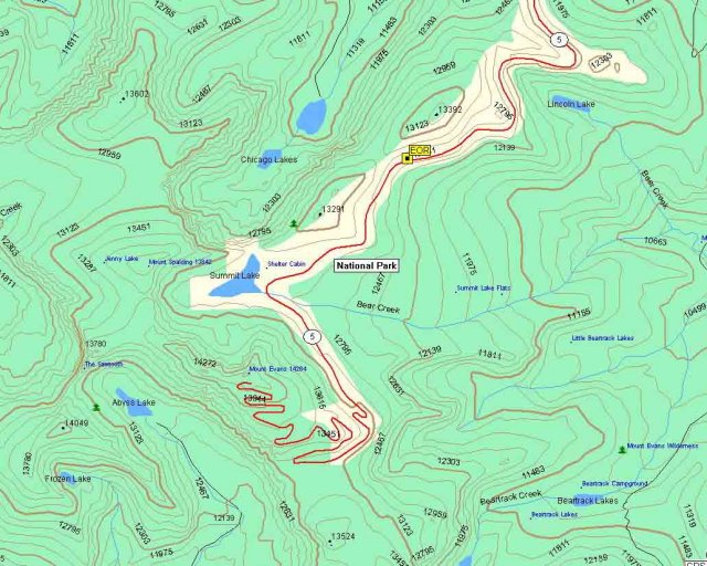 A map of part of the Mt. Evans road