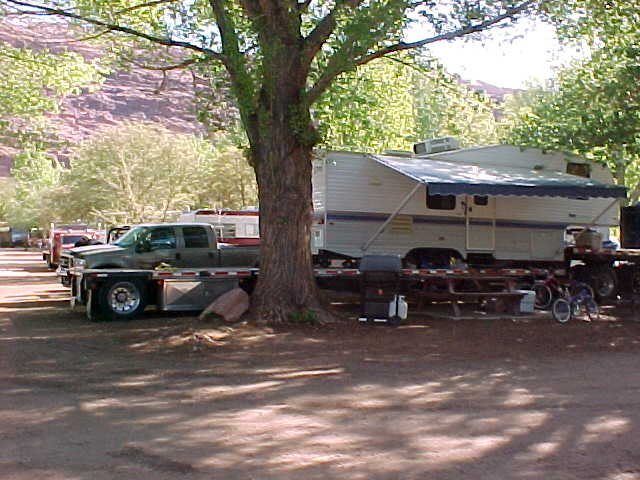 Camper on a flatbed.