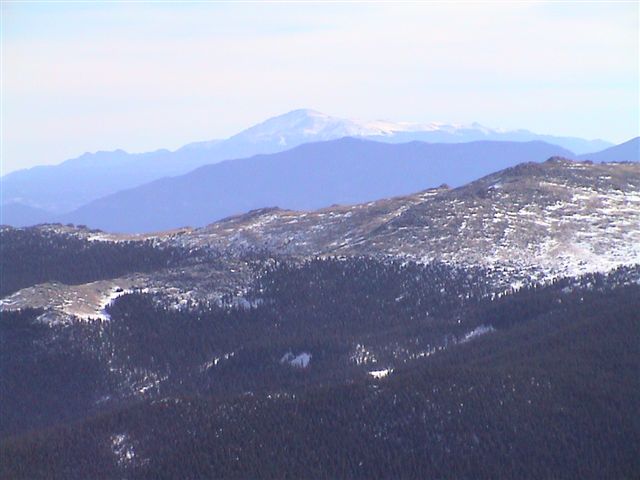 Telephoto shot of Pikes Peak, approximately 60 miles to the south